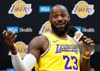 LeBron James #23 of the Los Angeles Lakers speaks with the media during Los Angeles Lakers (Photo by Ronald Martinez/Getty Images)