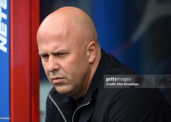 Arne Slot, Manager of Liverpool, looks on prior to the Premier League match between Crystal Palace and Liverpool (Photo by Alex Broadway/Getty Images)