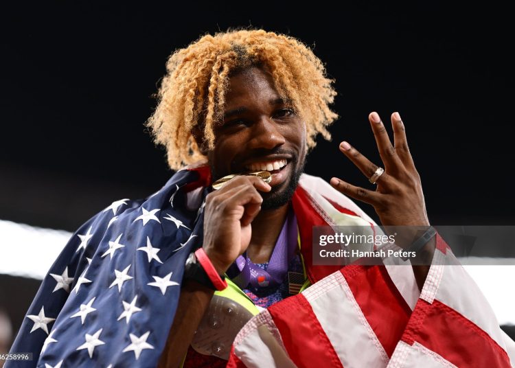 Gold medalist Noah Lyles of Team United States bites the medal to celebrate after competing in the Men's 200 Metres Final on day seven of the World Athletics Championships Tokyo 2025 (Photo by Hannah Peters/Getty Images)