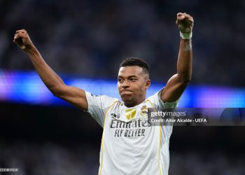 Kylian Mbappe of Real Madrid celebrates scoring his team's second goal from the penalty spot during the UEFA Champions League 2025/26 League Phase MD1 match (Photo by Aitor Alcalde - UEFA/UEFA via Getty Images)