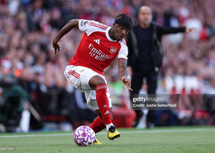 Noni Madueke of Arsenal  during the Premier League match between Arsenal and Manchester City (Photo by Justin Setterfield/Getty Images)