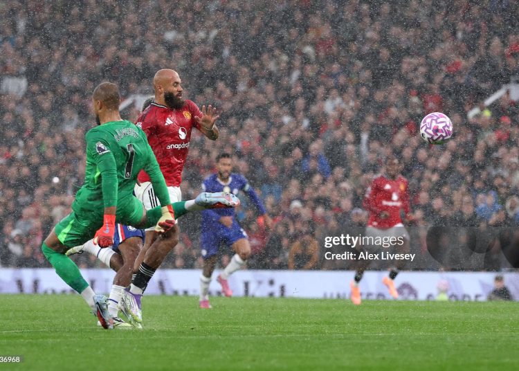 Bryan Mbeumo of Manchester United is fouled by Robert Sanchez of Chelsea resulting in a red card during the Premier League match between Manchester United and Chelsea at Old Trafford (Photo by Alex Livesey/Getty Images)