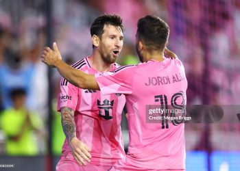 Lionel Messi #10 of Inter Miami CF celebrates after scoring the team's second goal with teammate Jordi Alba #18 during MLS match (Photo by Megan Briggs/Getty Images)