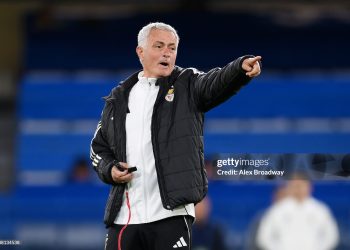 Jose Mourinho, Head Coach of SL Benfica, reacts during a SL Benfica Training Session at Stamford Bridge (Photo by Alex Broadway/Getty Images)