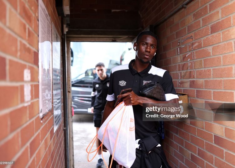 Clarke Oduor of Grimsby Town arrives at the stadium prior to Carabao Cup Second Round match  (Photo by George Wood/Getty Images)