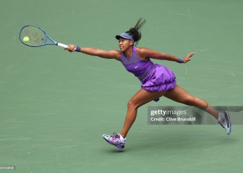 Naomi Osaka of Japan returns a shot against Coco Gauff of the United States during their Women's Singles Fourth Round match on Day Nine of the 2025 US Open at USTA Billie Jean King National Tennis Center (Photo by Clive Brunskill/Getty Images)