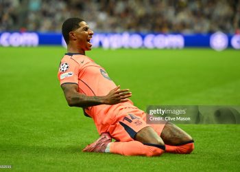 Marcus Rashford of FC Barcelona celebrates scoring his team's first goal during the UEFA Champions League 2025/26 League Phase MD1 match between Newcastle United FC and FC Barcelona (Photo by Clive Mason/Getty Images)
