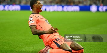 Marcus Rashford of FC Barcelona celebrates scoring his team's first goal during the UEFA Champions League 2025/26 League Phase MD1 match between Newcastle United FC and FC Barcelona (Photo by Clive Mason/Getty Images)