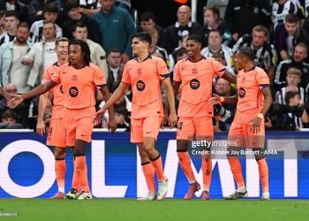Marcus Rashford of Barcelona celebrates after scoring a goal to make it 0-2 during the UEFA Champions League 2025/26 League Phase MD1 match between Newcastle United FC and FC Barcelona (Photo by Robbie Jay Barratt - AMA/Getty Images)