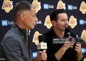 Head coach JJ Redick of the Los Angeles Lakers speaks with media during a press conference (Photo by Katelyn Mulcahy/Getty Images)
