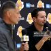Head coach JJ Redick of the Los Angeles Lakers speaks with media during a press conference (Photo by Katelyn Mulcahy/Getty Images)