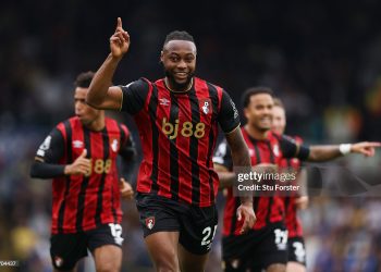Antoine Semenyo of AFC Bournemouth celebrates scoring his team's first goal during Premier League match (Photo by Stu Forster/Getty Images)