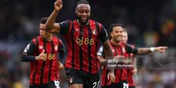 Antoine Semenyo of AFC Bournemouth celebrates scoring his team's first goal during Premier League match (Photo by Stu Forster/Getty Images)