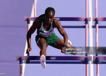 Tobi Amusan of Team Nigeria competes during the Women's 100m Hurdles Round 1 on day twelve of the Olympic Games Paris (Photo by Michael Steele/Getty Images)