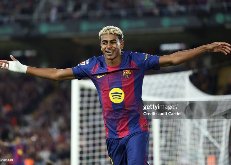 Lamine Yamal of FC Barcelona celebrates his teams second goal scored by Robert Lewandowski of FC Barcelona (not pictured) during the LaLiga EA Sports match (Photo by Judit Cartiel/Getty Images)