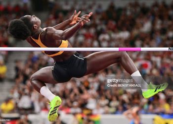 Ghana's athlete Rose Amoanimaa Yeboah competes in the women's high jump qualification during the World Athletics Championships (Photo by BEN STANSALL/AFP via Getty Images)