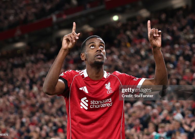 Alexander Isak celebrates after scoring the first goal and his first for the club during the Carabao Cup Third Round match between Liverpool and Southampton at Anfield on September 23, 2025 in Liverpool, England. (Photo by Stu Forster/Getty Images)