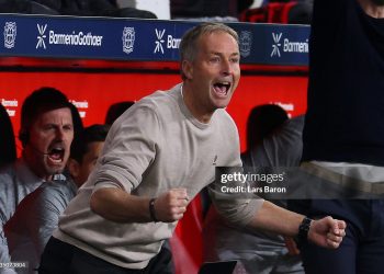Kasper Hjulmand, Head Coach of Bayer Leverkusen, celebrates his team's first goal, an own goal scored by Michael Zetterer of Eintracht Frankfurt (not pictured)  during the Bundesliga match between Bayer 04 Leverkusen and Eintracht Frankfurt (Photo by Lars Baron/Getty Images)