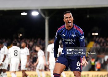 Arsenal's Gabriel celebrates after Leandro Trossard scores their side's first goal during the Premier League (Photo by John Walton/PA Images via Getty Images)