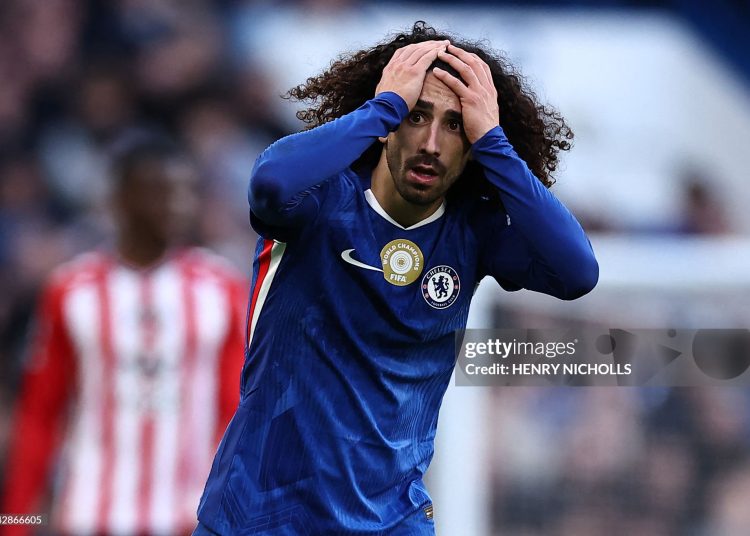Chelsea's Spanish defender #03 Marc Cucurella reacts during the English Premier League football match between Chelsea and Sunderland (Photo by HENRY NICHOLLS/AFP via Getty Images)