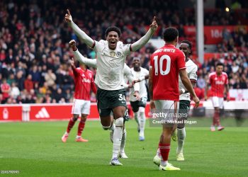 Josh Acheampong of Chelsea celebrates scoring his team's first goal during the Premier League match between Nottingham Forest and Chelsea (Photo by Michael Regan/Getty Images)