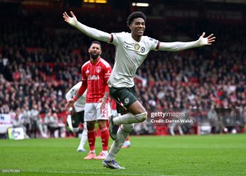 Josh Acheampong of Chelsea celebrates scoring his team's first goal during the Premier League match (Photo by Darren Walsh/Chelsea FC via Getty Images)