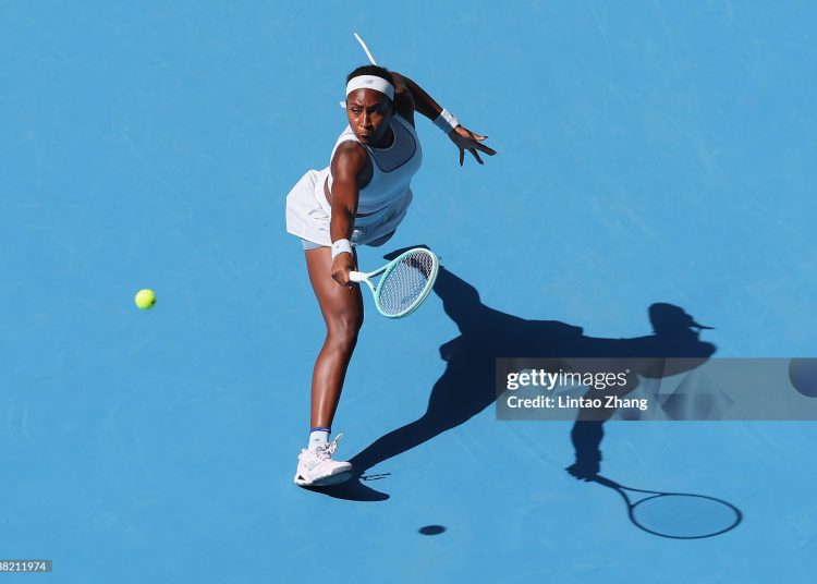 Coco Gauff of the United States plays a shoot in the Women's Singles Round of 16 match against Belinda Bencic of Switzerland on day 9 of the 2025 China Open (Photo by Lintao Zhang/Getty Images)