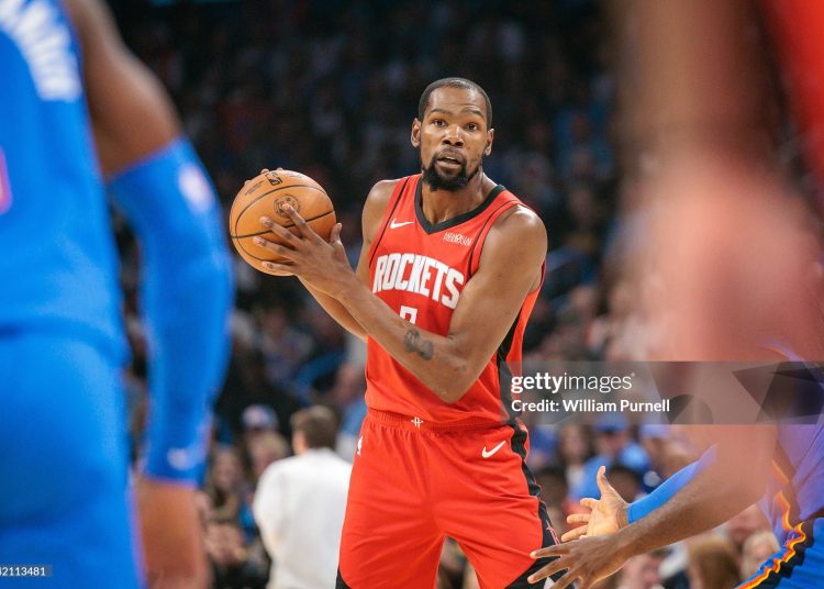 Kevin Durant #7 of the Houston Rockets looks to pass during the first half against the Oklahoma City Thunder (Photo by William Purnell/Getty Images)
