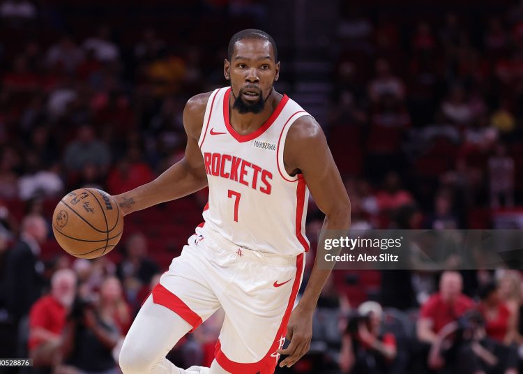 Kevin Durant #7 of the Houston Rockets drives against the Utah Jazz during the first half of a preseason game (Photo by Alex Slitz/Getty Images)