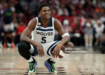 Anthony Edwards #5 of the Minnesota Timberwolves reacts during the second half against the Portland Trail Blazers (Photo by Steph Chambers/Getty Images)