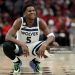 Anthony Edwards #5 of the Minnesota Timberwolves reacts during the second half against the Portland Trail Blazers (Photo by Steph Chambers/Getty Images)