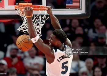 Anthony Edwards #5 of the Minnesota Timberwolves dunks against the Portland Trail Blazers (Photo by Steph Chambers/Getty Images)