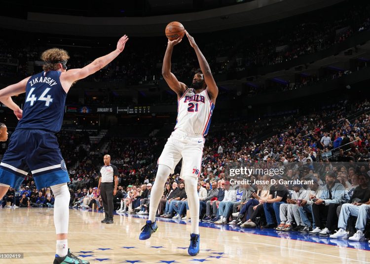 Joel Embiid #21 of the Philadelphia 76ers shoots the ball during the game against the Minnesota Timberwolves during a NBA preseason game on October 17, 2025 (Photo by Jesse D. Garrabrant/NBAE via Getty Images)