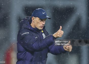 Thomas Tuchel, Head Coach of England, gestures a thumbs up during the FIFA World Cup 2026 qualifier match (Photo by Carl Recine/Getty Images)