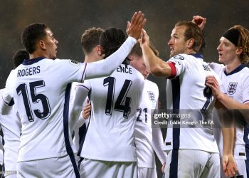 Players of England celebrate their team's fourth goal, an own goal scored by Maksims Tonisevs of Latvia (not pictured) during the FIFA World Cup 2026 qualifier match (Photo by Eddie Keogh - The FA/The FA via Getty Images)