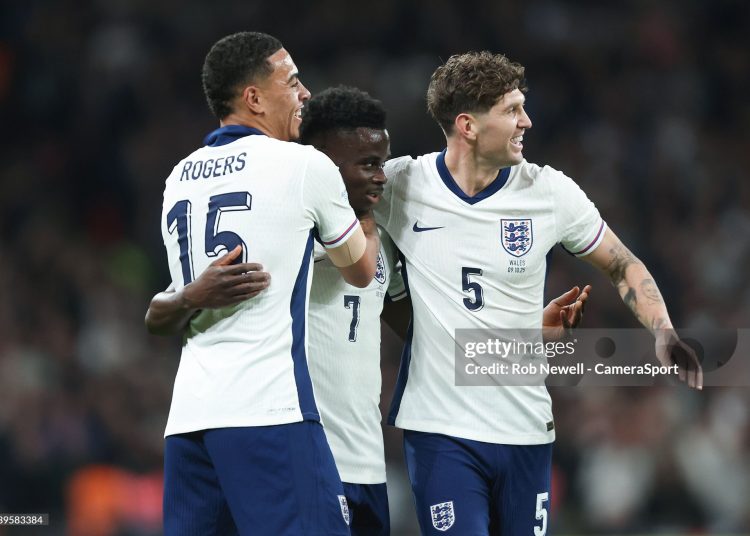 England's Bukayo Saka celebrates scoring his side's third goal during the International Friendly match between England and Wales (Photo by Rob Newell - CameraSport via Getty Images)
