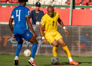 Jordan Ayew (with ball) in action against C.A.R.