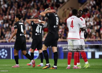Erling Haaland of Manchester City reacts during the UEFA Champions League 2025/26 League Phase MD2 match (Photo by Francesco Scaccianoce - UEFA/UEFA via Getty Images)
