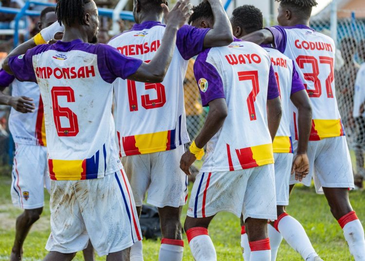 Mawuli Wayo (7) celebrates with teammates after win over Berekum Chelsea Photo Courtesy: Hearts of Oak