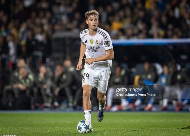 Dean Huijsen of Real Madrid CF controls the ball during the UEFA Champions League 2025/26 League Phase MD2 match between FC Kairat Almaty and Real Madrid C.F. (Photo by Ricardo Nogueira/Sports Press Photo/Getty Images)