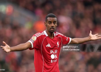 Alexander Isak of Liverpool reacts during the Premier League match between Liverpool and Manchester United (Photo by Carl Recine/Getty Images)