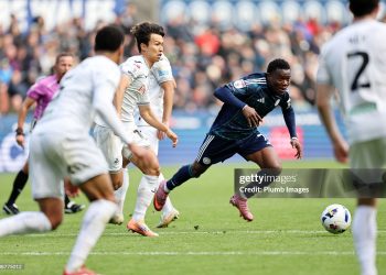 Abdul Fatawu of Leicester City during the Sky Bet Championship match between Swansea City and Leicester City (Photo by Plumb Images/Leicester City FC via Getty Images)
