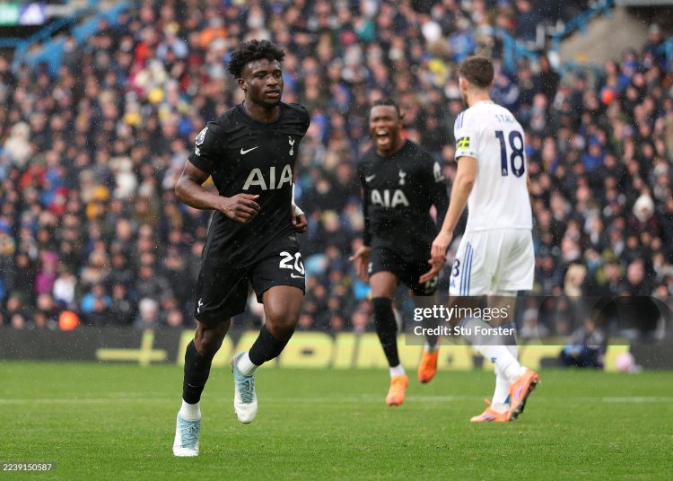 Mohammed Kudus of Tottenham Hotspur celebrates scoring his team's second goal during the Premier League match between Leeds United and Tottenham Hotspurs (Photo by Stu Forster/Getty Images)