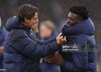 Thomas Frank, Manager of Tottenham Hotspur, and Mohammed Kudus of Tottenham Hotspur celebrate at full-time following the team's victory in the Premier League match between Leeds United and Tottenham Hotspurs (Photo by Stu Forster/Getty Images)