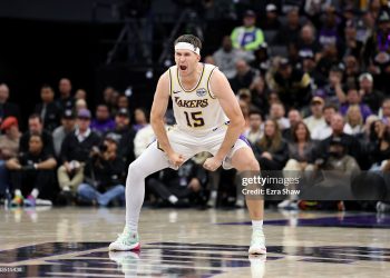 Austin Reaves #15 of the Los Angeles Lakers reacts after a made basket (Photo by Ezra Shaw/Getty Images)
