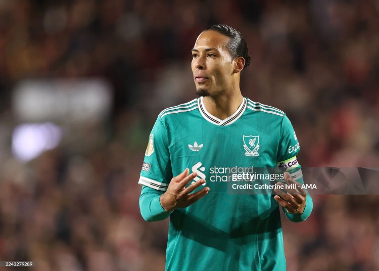 Virgil van Dijk of Liverpool reacts during the Premier League match between Brentford and Liverpool (Photo by Catherine Ivill - AMA/Getty Images)