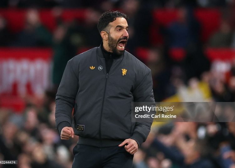 Ruben Amorim, Manager of Manchester United, celebrates as his team go 1-0 up during the Premier League match between Manchester United and Brighton & Hove Albion (Photo by Carl Recine/Getty Images)