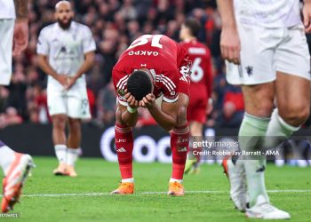 Cody Gakpo of Liverpool reacts during the Premier League match between Liverpool and Manchester United at Anfield (Photo by Robbie Jay Barratt - AMA/Getty Images)