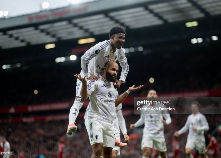 Bryan Mbeumo of Manchester United celebrates scoring a goal to make the score 0-1 with Amad during the Premier League match between Liverpool and Manchester United at Anfield (Photo by Ash Donelon/Manchester United via Getty Images)
