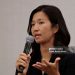 Mayor Michelle Wu answers a question from the chamber's president and CEO Jim Rooney (not shown) (Photo by Pat Greenhouse/The Boston Globe via Getty Images)